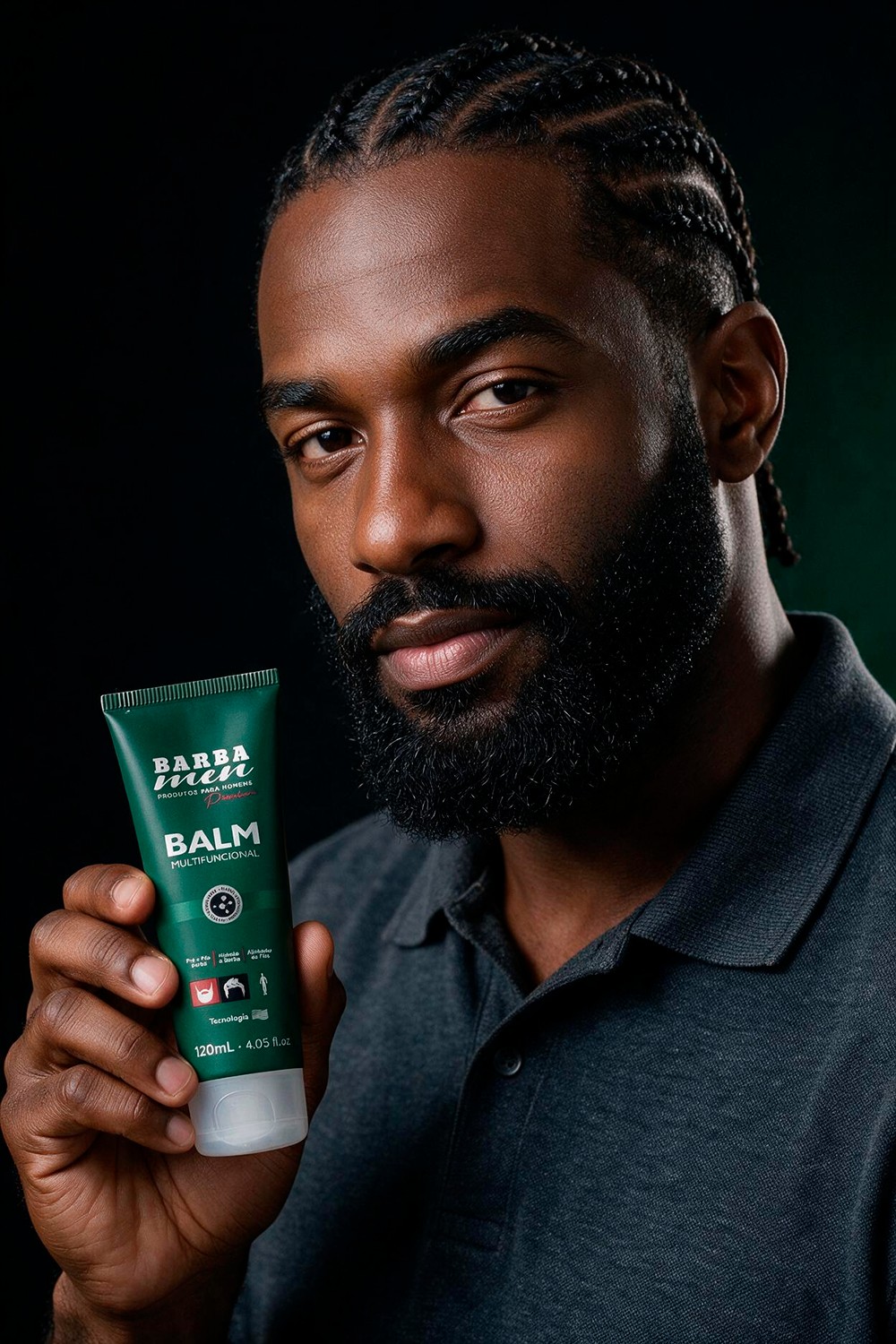 Modelo com barba impecavelmente desenhada e alinhada com Balm Barba Men