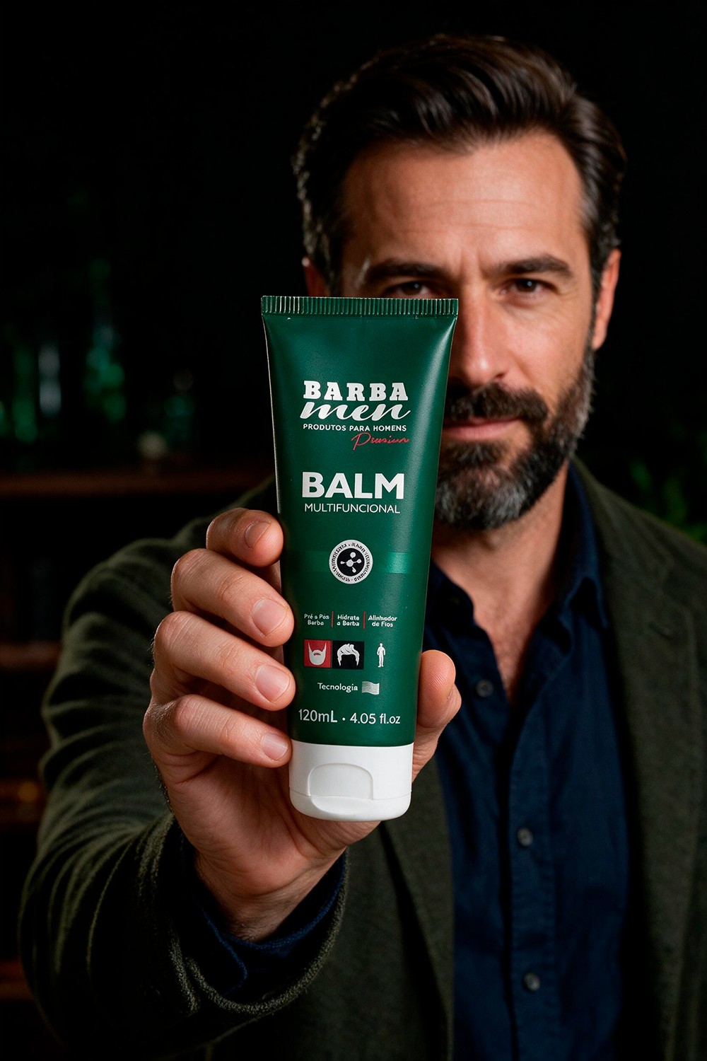Homem de blazer verde com barba alinhada segurando o Balm Barba Men