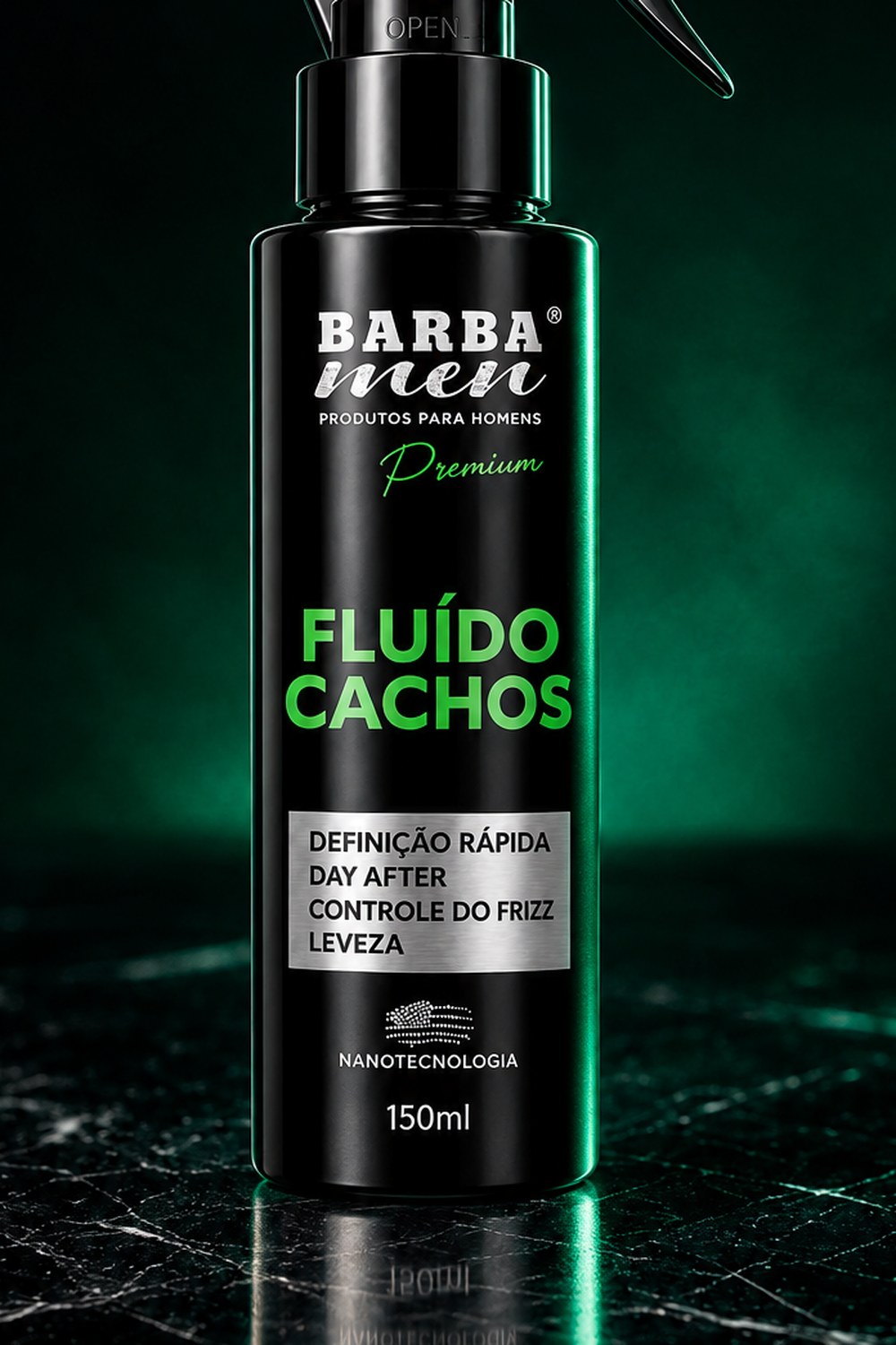 Detalhe do rótulo do Fluído Cachos Barba Men 150ml: Definição Rápida, Day After, Controle do Frizz e Leveza