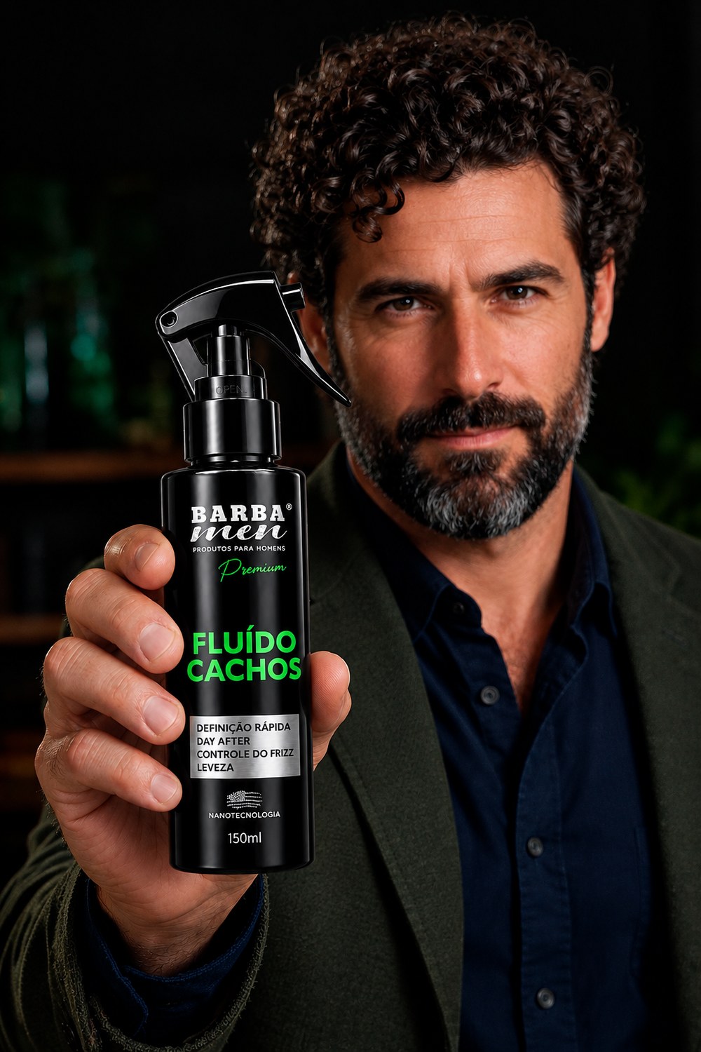 Homem com cabelo cacheado definido segurando o Fluído Cachos Barba Men 150ml