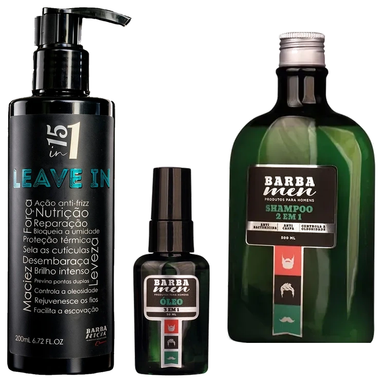 Kit Barba Limpa e Sem Nó Shampoo 2 em 1 500ml + Leave-in 15 em 1 + Óleo 3 em 1