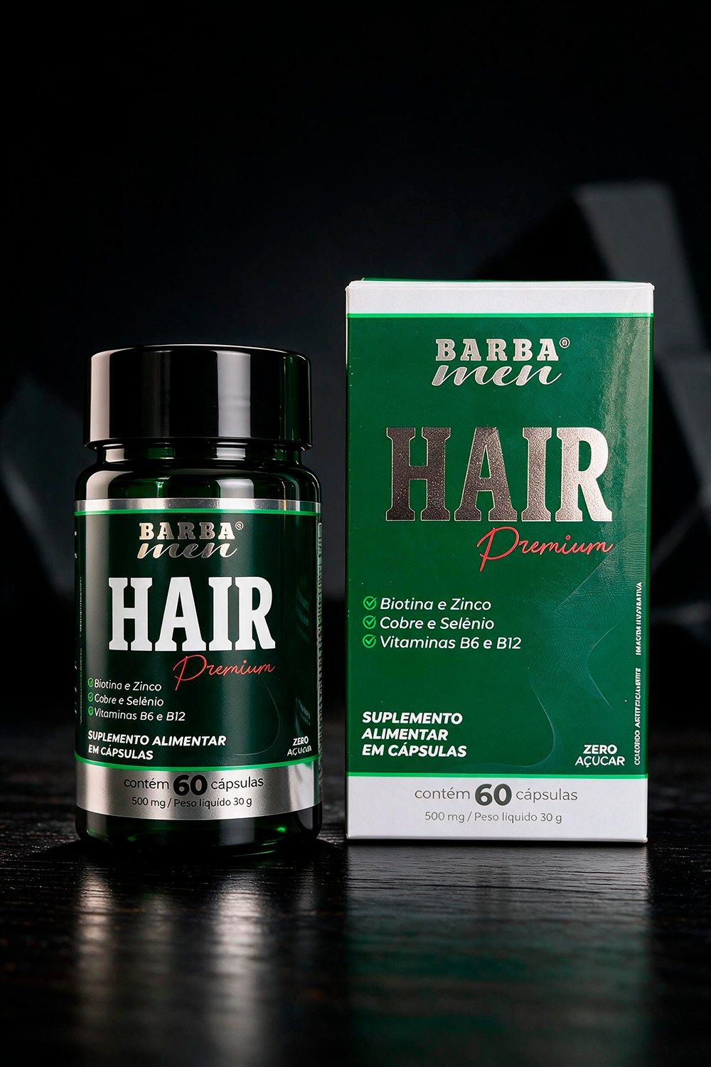 Frasco e embalagem oficial do Suplemento Alimentar Hair Premium Barba Men 60 cápsulas