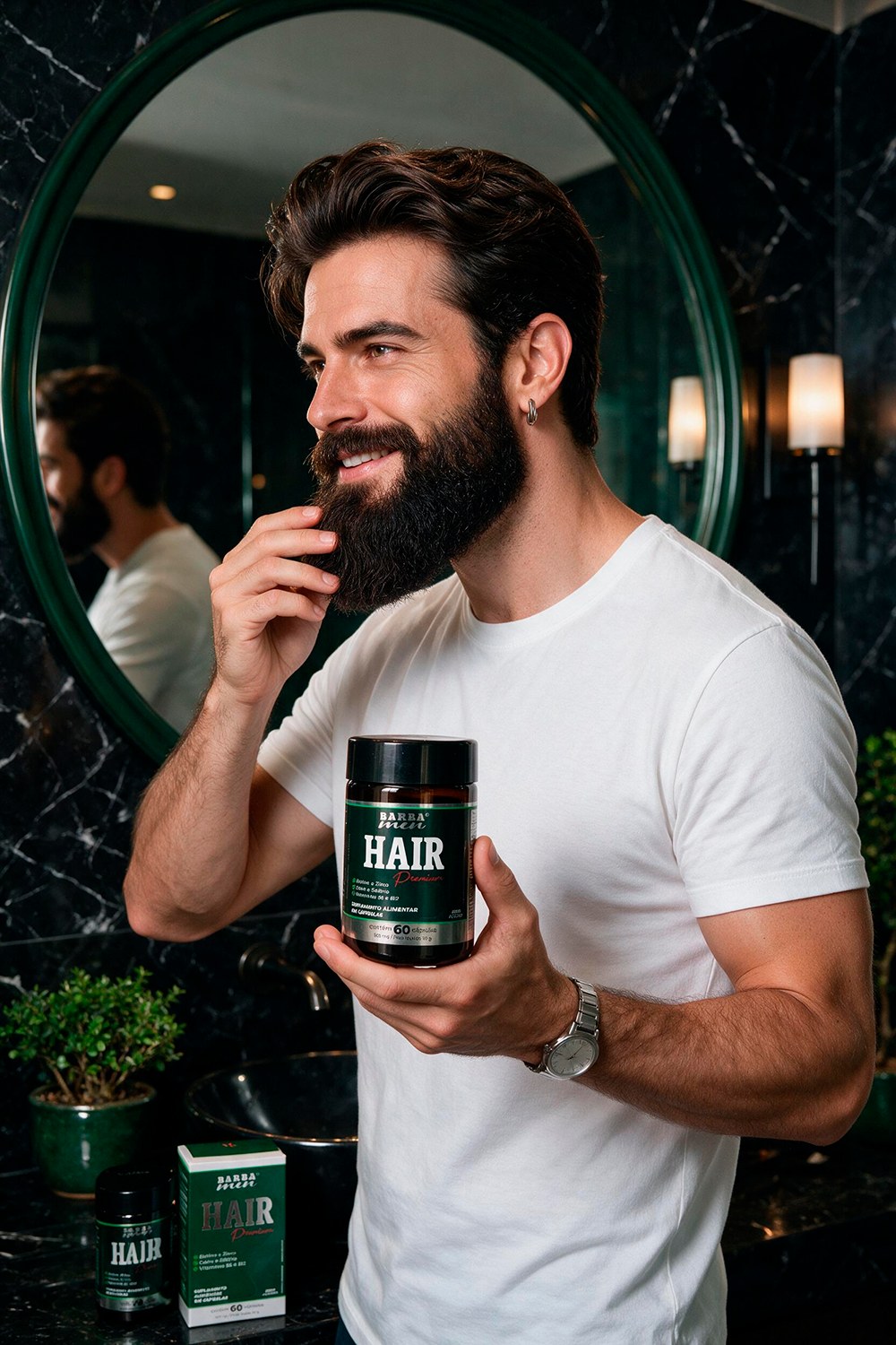 Homem cuidando da barba e do cabelo com o Suplemento Hair Premium Barba Men