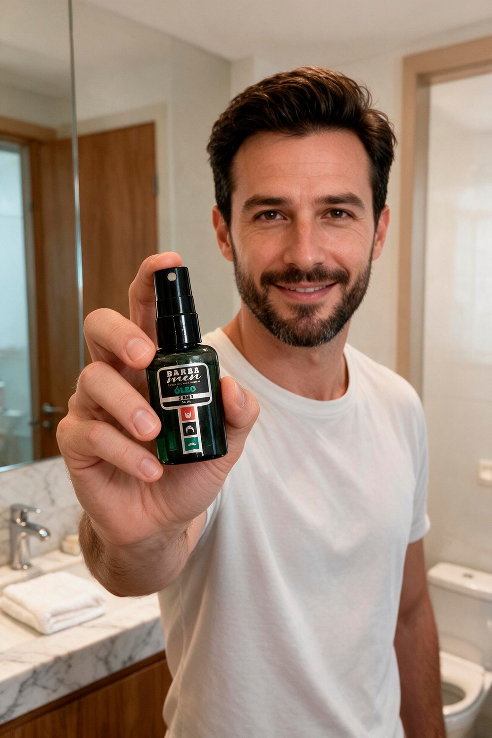 Modelo segurando o frasco de Óleo 3 em 1 Barba Men