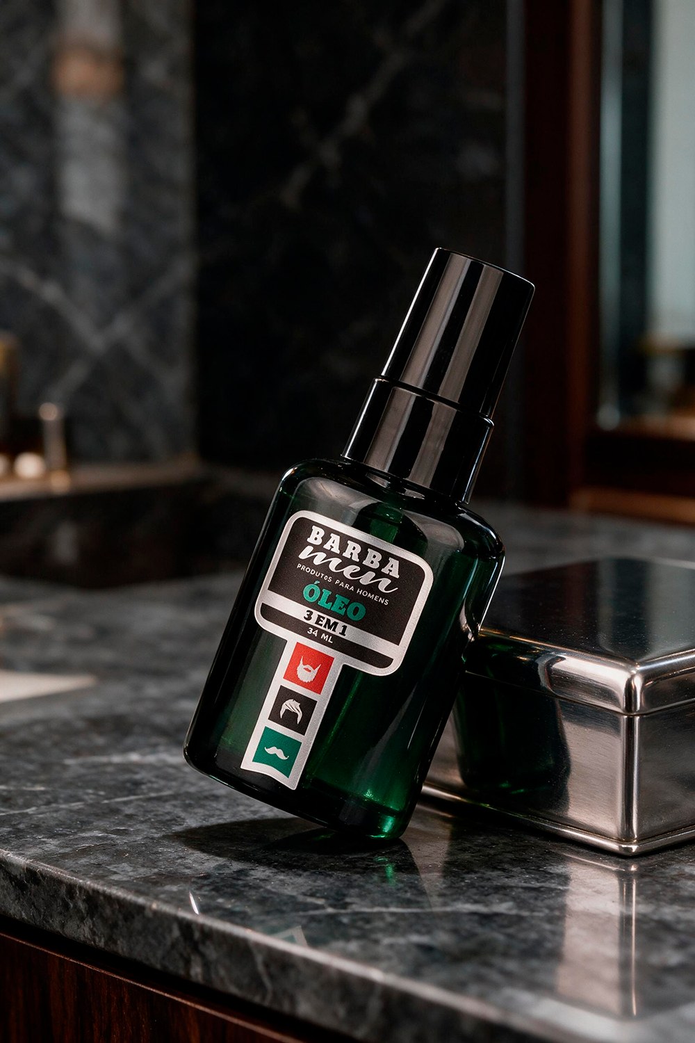 Frasco do Óleo 3 em 1 Barba Men 34ml em bancada de mármore