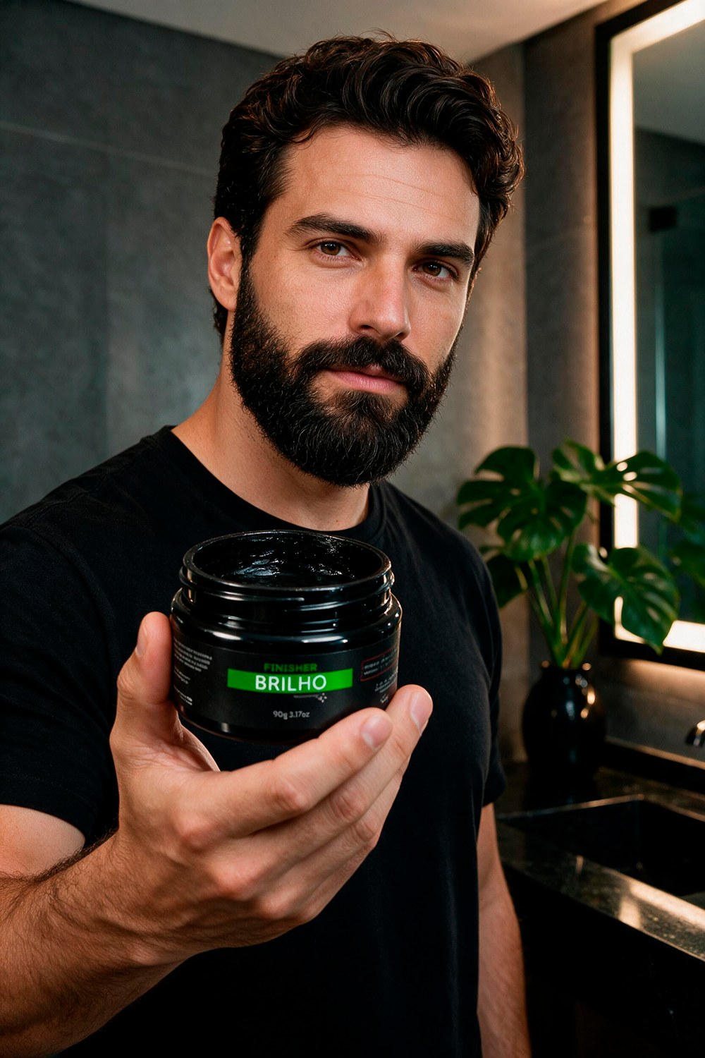 Homem com Pomada Modeladora Premium Efeito Brilho Barba Men 90g
