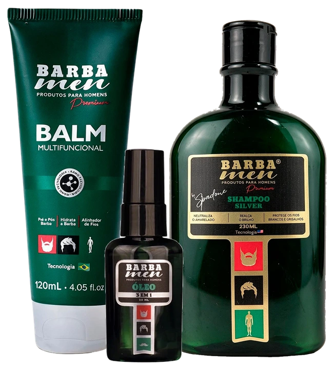 Kit Barba Branca Essencial Shampoo Silver + Balm 120ml + Óleo 3 em 1