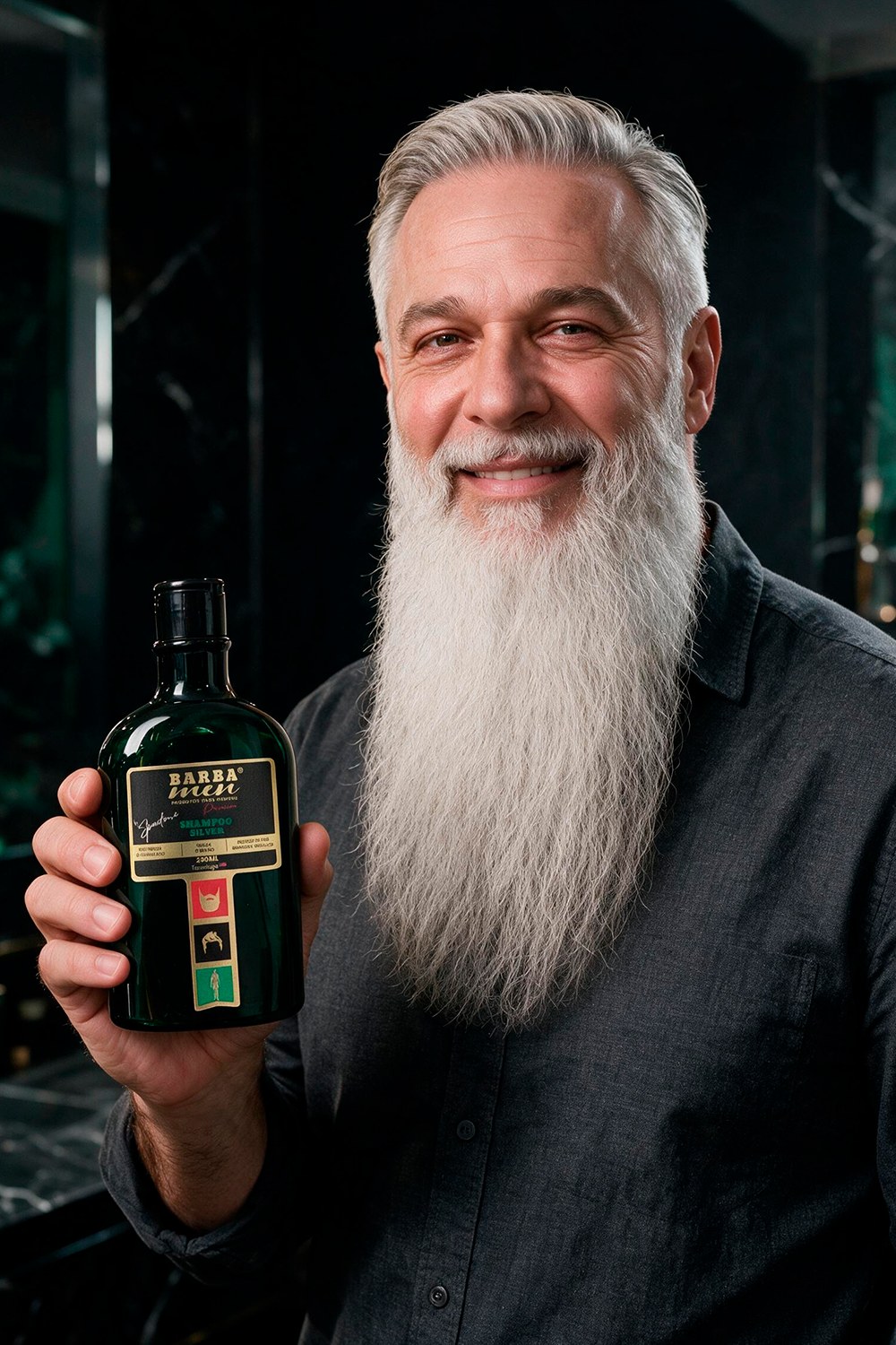 Homem com barba branca impecável segurando o Shampoo Silver 2 em 1 Barba Men
