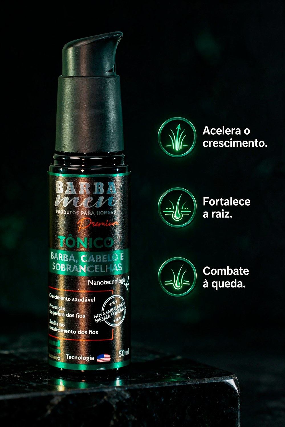 Benefícios do Tônico For Men Barba Men 50ml: Acelera o crescimento, Fortalece a raiz e Combate à queda