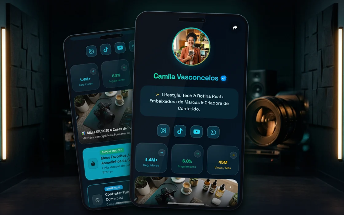 Mockup ambientado em estúdio criativo da página Camila Vasconcelos Mídia Kit