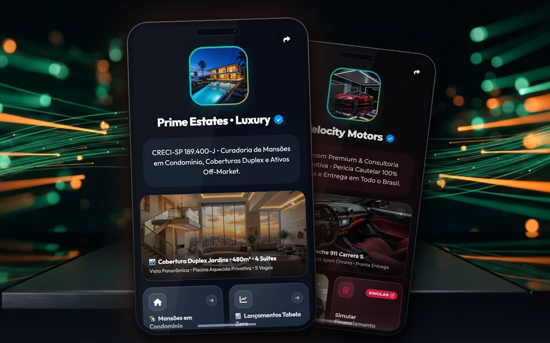 Mockup ambientado dos modelos Prime Estates Luxury e Velocity Motors