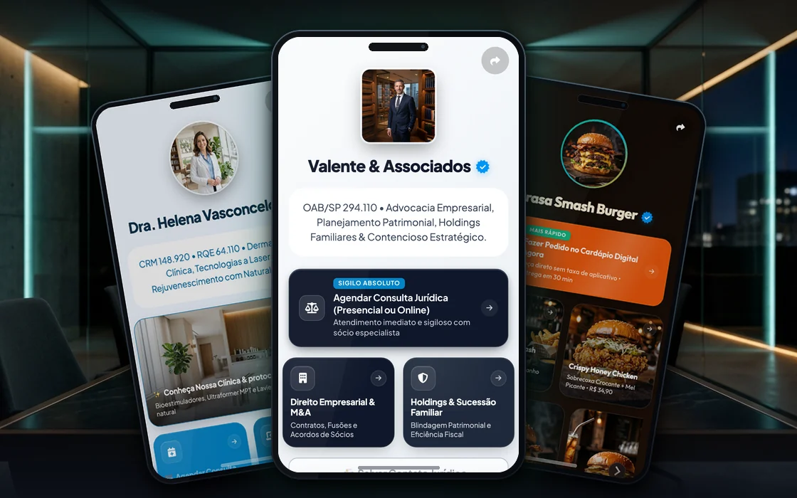Mockup multi-projetos com Valente e Associados, Clínica e Gastronomia em sala de agência