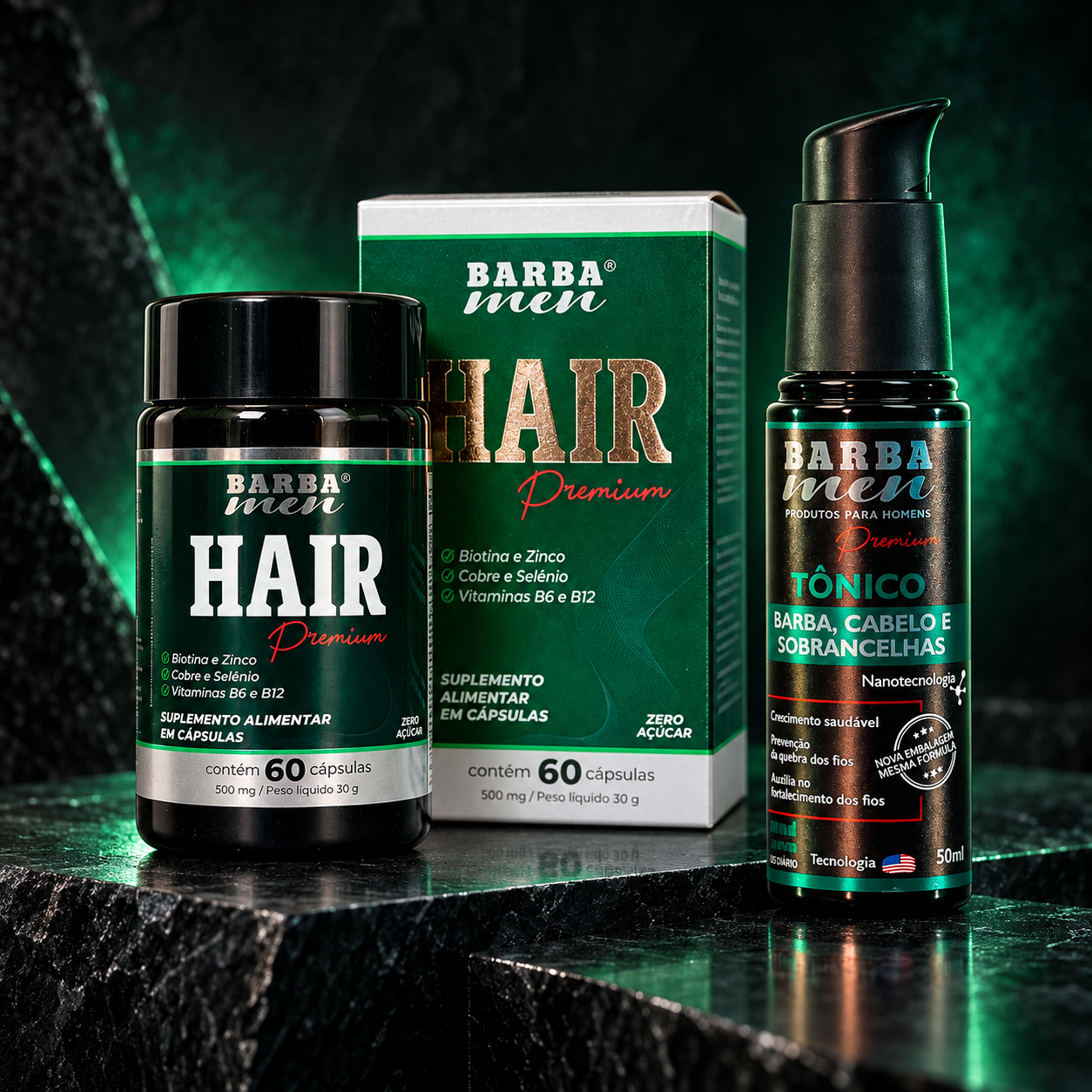 Os dois produtos do Kit Primeira Impressão: Hair Premium e Tônico For Men
