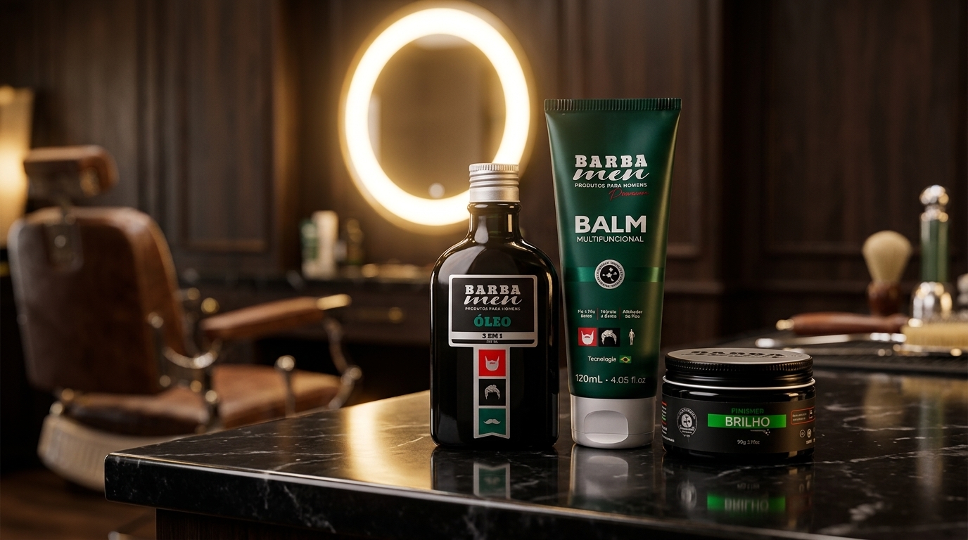 Linha oficial de cosméticos Barba Men organizada na bancada da barbearia com Balm, Óleo 3 em 1 e Pomada