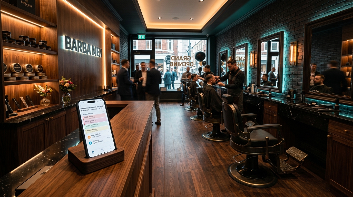 Bancada elegante de madeira e mármore em barbearia recém-inaugurada com poltronas vintage, produtos Barba Men na prateleira e smartphone com agenda cheia de clientes