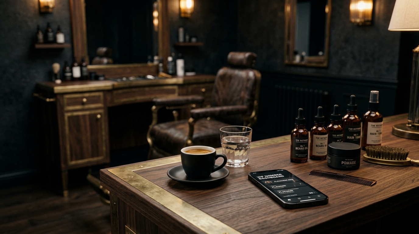 Bancada de barbearia moderna com xícara de café expresso, smartphone exibindo painel VIP de fidelização e cosméticos masculinos Barba Men