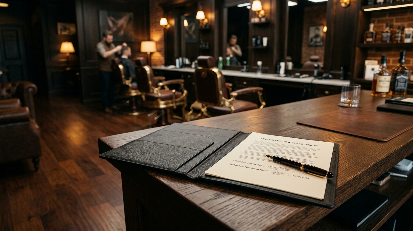 Contrato formal de parceria entre barbearia e barbeiro profissional sobre balcão de madeira nobre com caneta executiva e produtos Barba Men