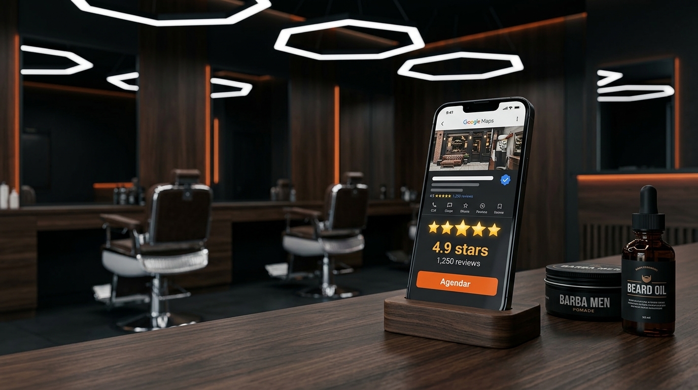 Smartphone em dock de madeira no balcão de barbearia moderna exibindo perfil verificado do Google Maps com 5 estrelas e cosméticos Barba Men ao lado
