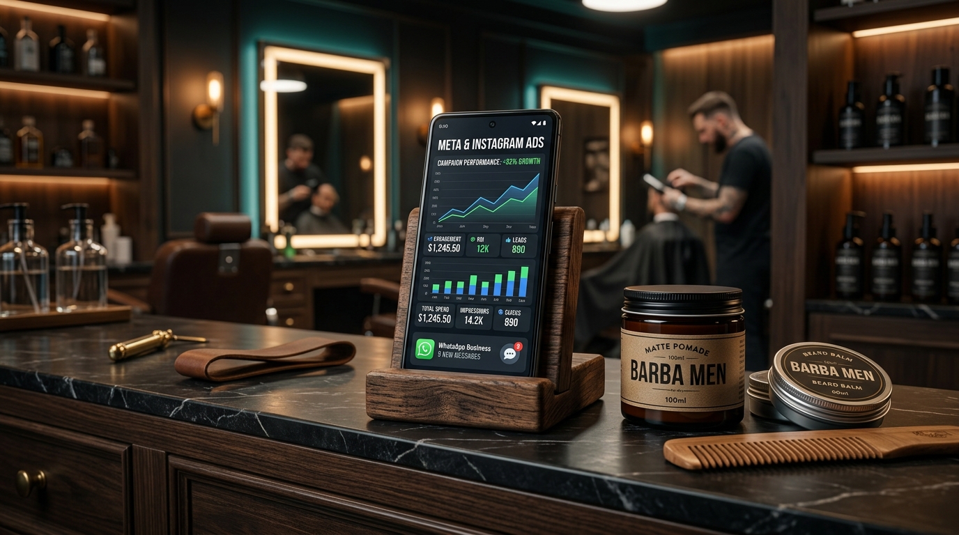 Smartphone em dock de madeira no balcão de barbearia moderna exibindo dashboard de anúncios do Meta Ads e WhatsApp com produtos Barba Men ao lado