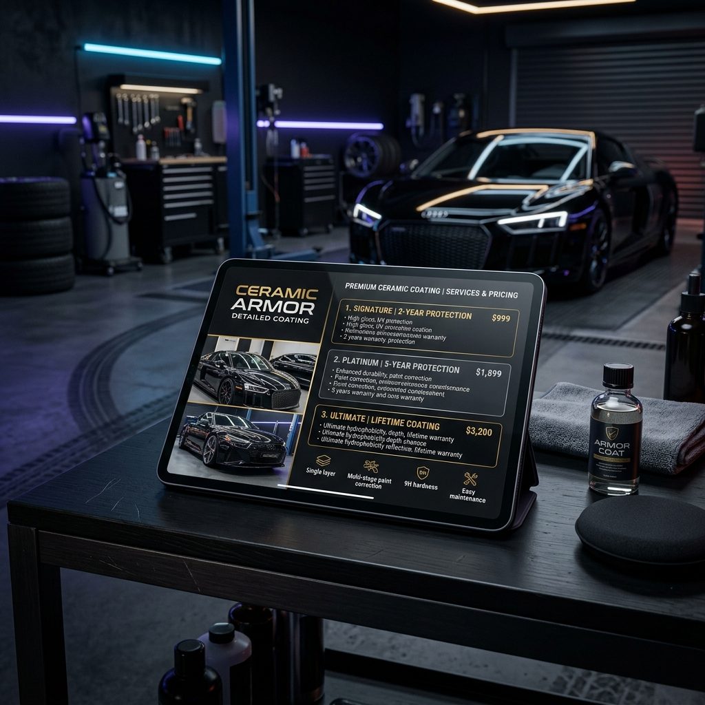 Catálogo digital de preços de estética automotiva em tablet