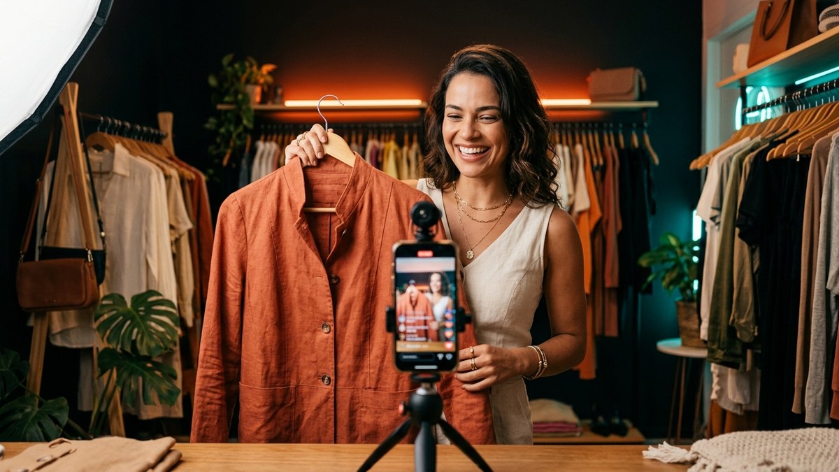 Fotografia Editorial // Lojista apresentando produtos ao vivo em transmissão de Live Commerce com iluminação contínua