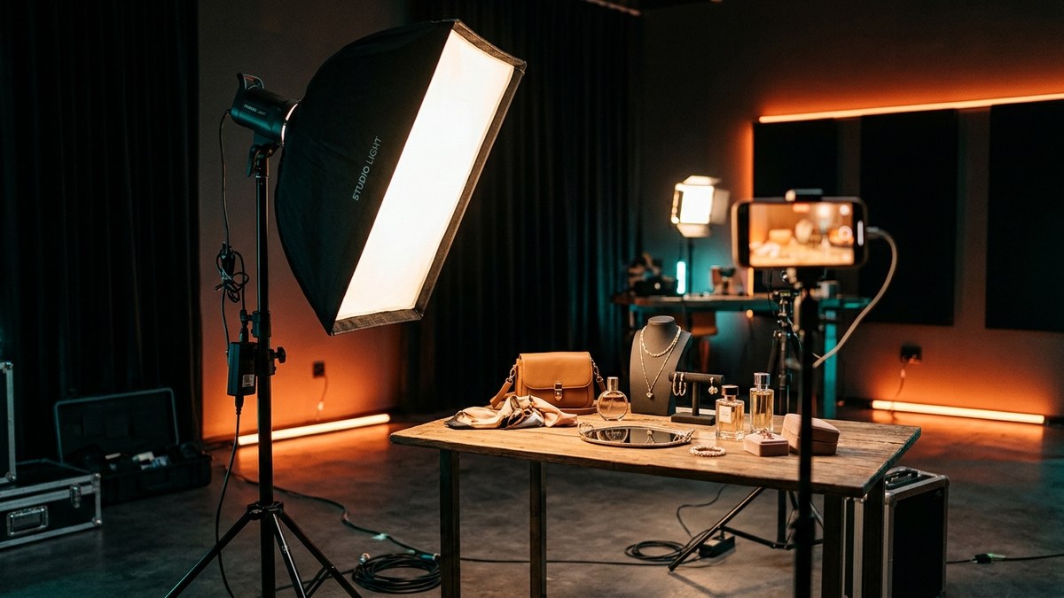 Estrutura de Transmissão // Iluminação Softbox difusa destacando texturas reais dos produtos durante a live