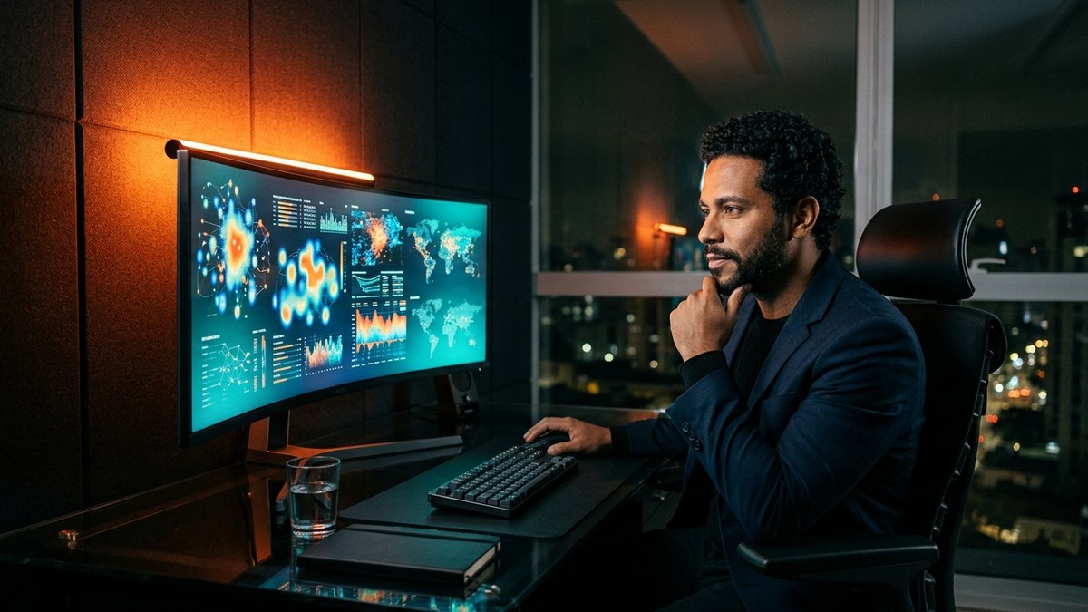 Fotografia Editorial // Estrategista digital analisando comunidades e construindo base própria de clientes fora do alcance alugado