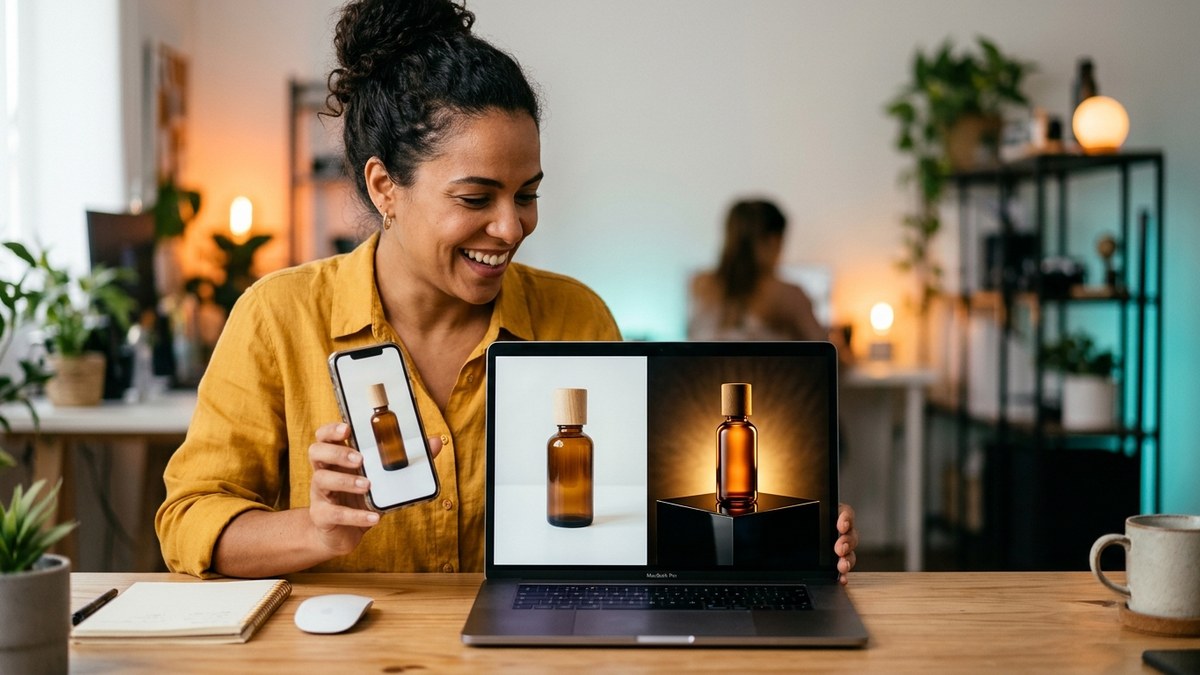 Fotografia Editorial // Pequeno lojista brasileiro combinando fotografia de produto em bancada com edição por Inteligência Artificial