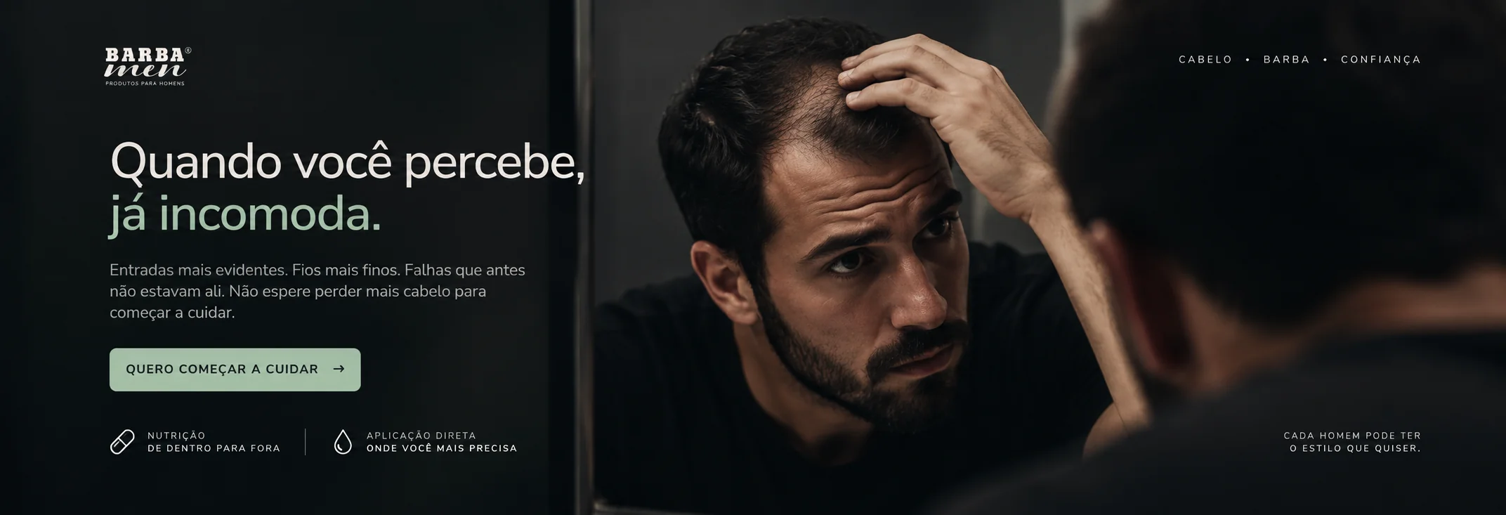 Homem observando entradas e afinamento dos fios no espelho. Banner Barba Men: Quando você percebe, já incomoda.