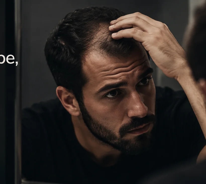 Homem observando no espelho a região das entradas e o afinamento dos fios.