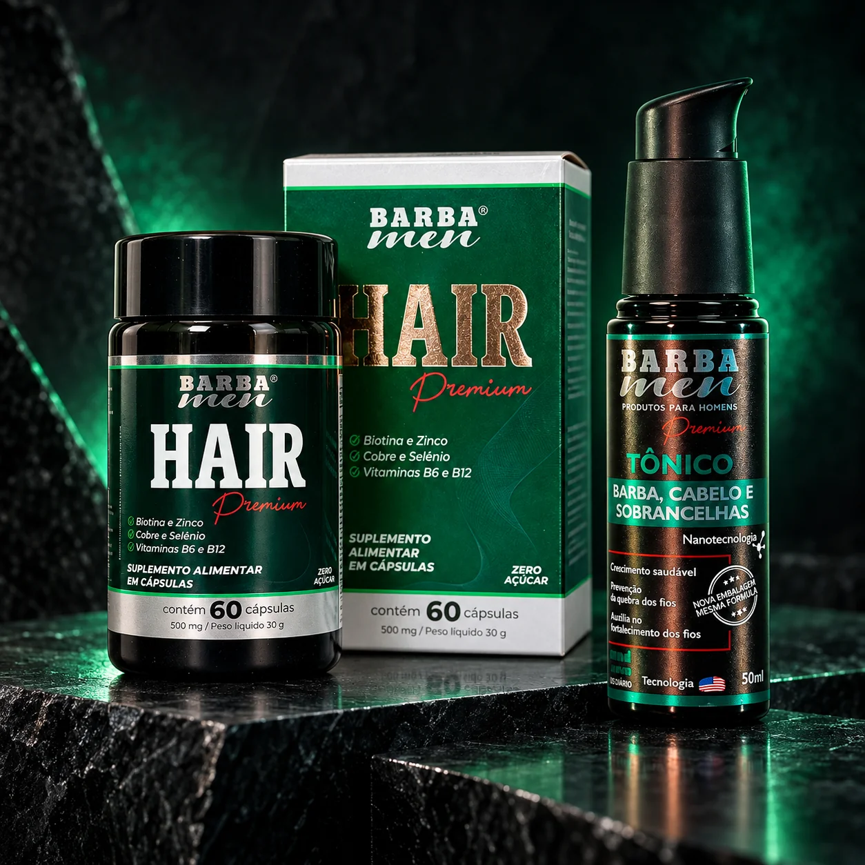 Os dois produtos do Kit Fortalecimento e Crescimento: Hair Premium e Tônico For Men